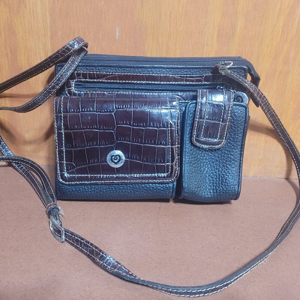 Brighton Black and Brown Pebbled Leather Crossbody Organizer Bag